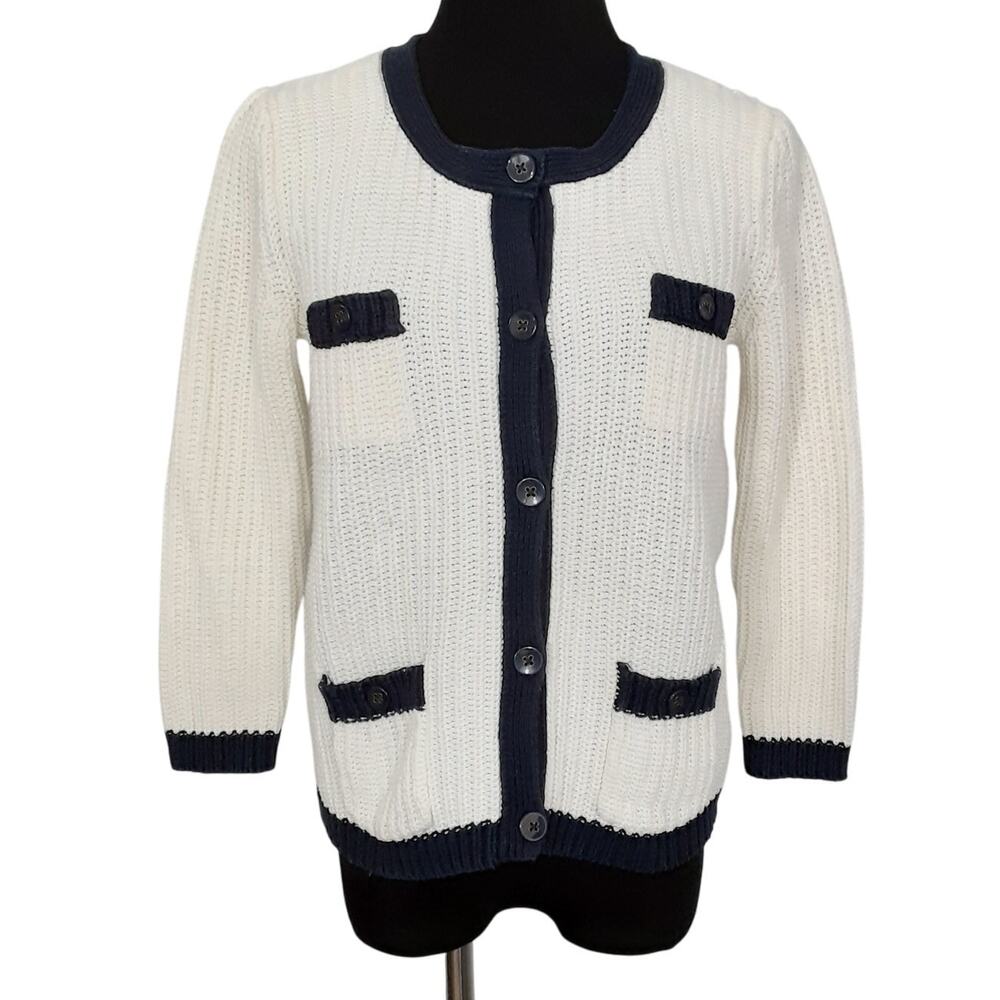 Vintage Circle Collar Cardigan Sweater Cable Knit Lady Jacket Cream M Preppy